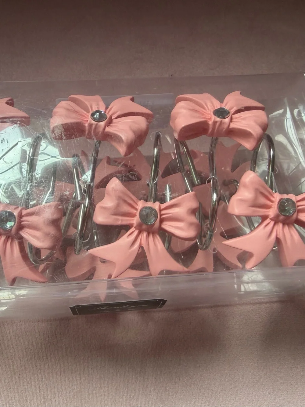 Pink Bow Shower Curtain Hooks with Rhinestone Accent